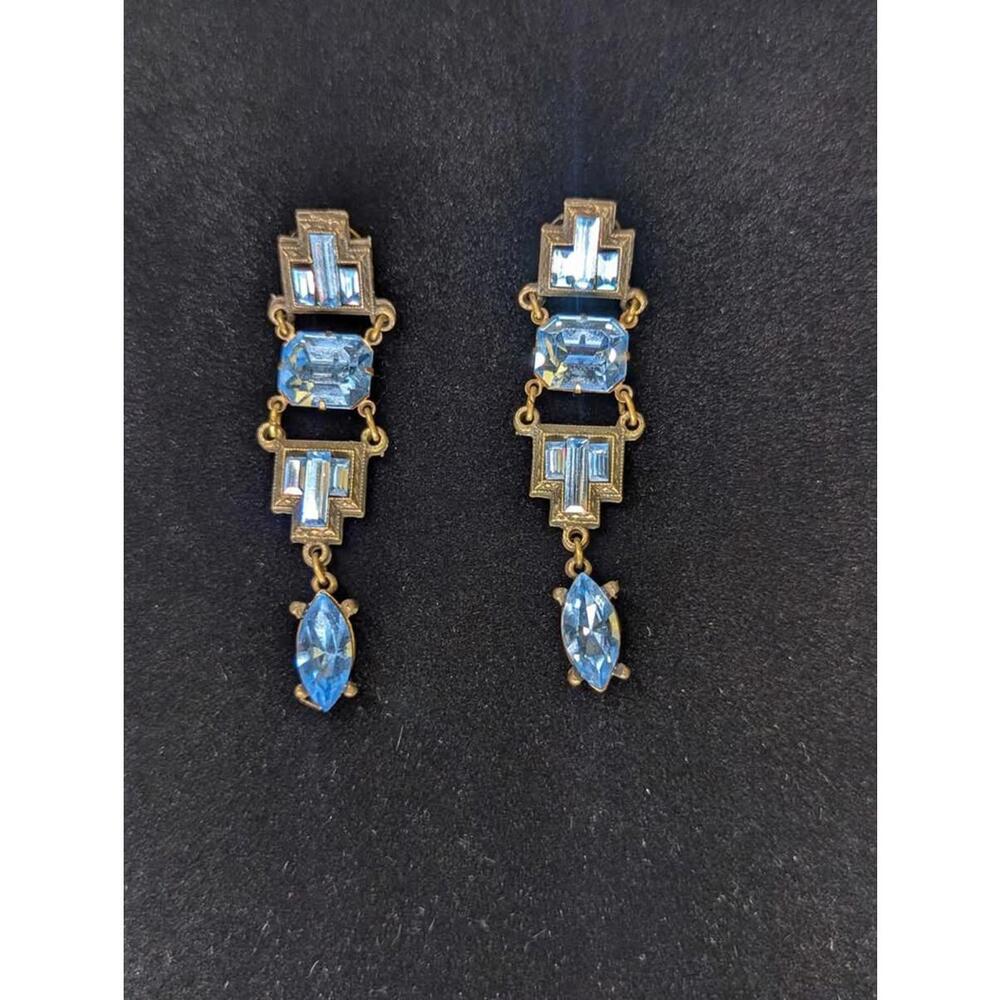 Vintage Art Deco Blue Rhinestone Dangle Earrings, Geometric Design